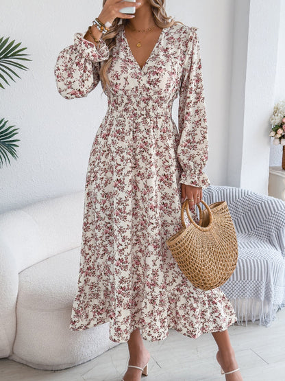 Autumn Winter Elegant Floral Cross V neck Waist Trimming Ruffles Maxi Dress Women Clothing by Ragazza