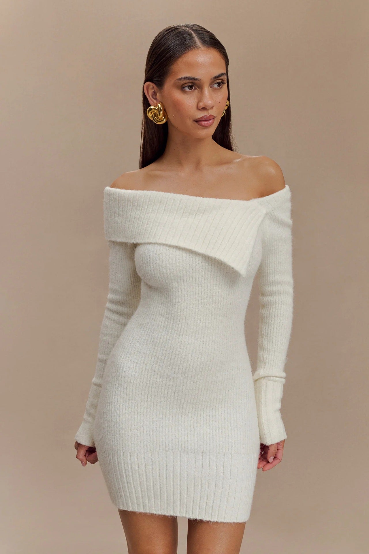 Autumn Winter Sweater Dress Women Long Sleeved off Neck Knitted Tight Graceful Short Dress by Ragazza