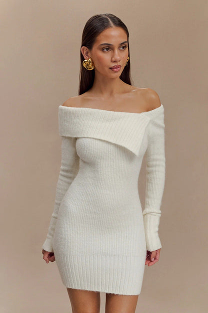 Autumn Winter Sweater Dress Women Long Sleeved off Neck Knitted Tight Graceful Short Dress by Ragazza
