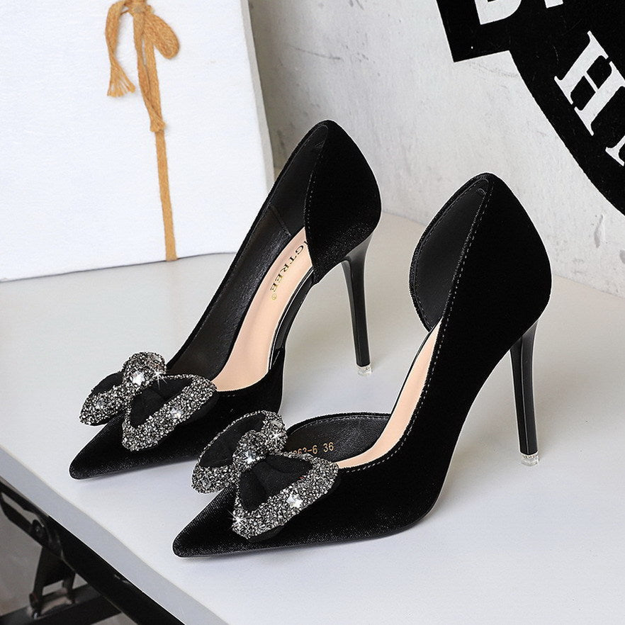 Wind Black Dignified Rhinestone Decorative Bowknot Pointed Shallow Mouth Side Hollow Out Cutout Sexy Pumps  DestGlow