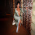 Women Clothing Autumn Casual Elegant Printed Deep V Plunge Long Sleeve Ribbon Pleated Maxi Dress by Ragazza