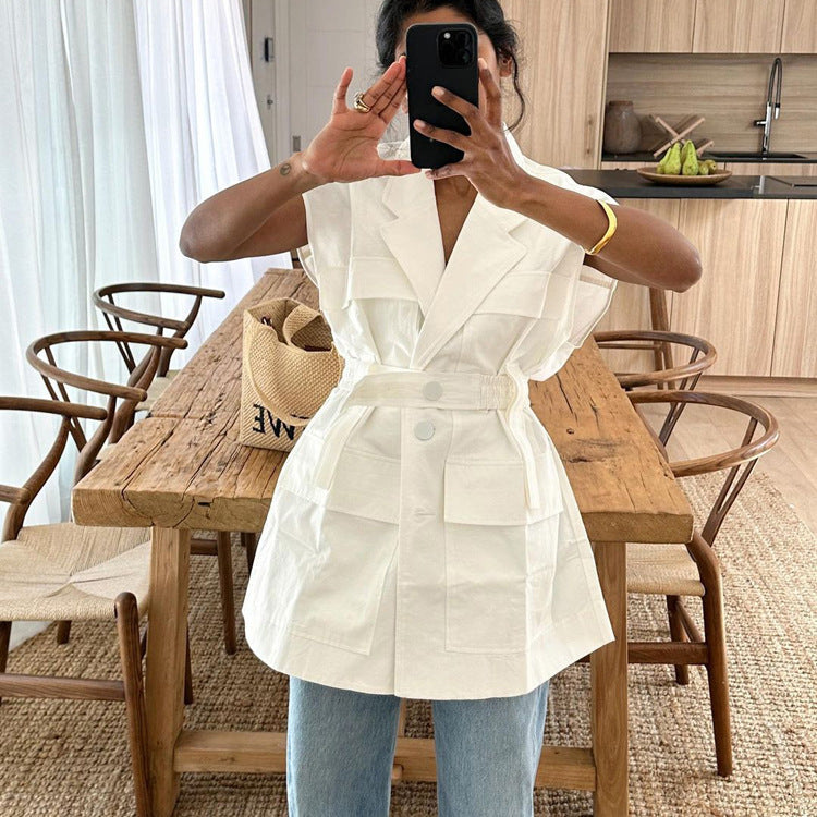 Women Clothing Summer Sleeveless Workwear Shirt Trendy Stylish Multi Pocket Belt Loose Top by Ragazza