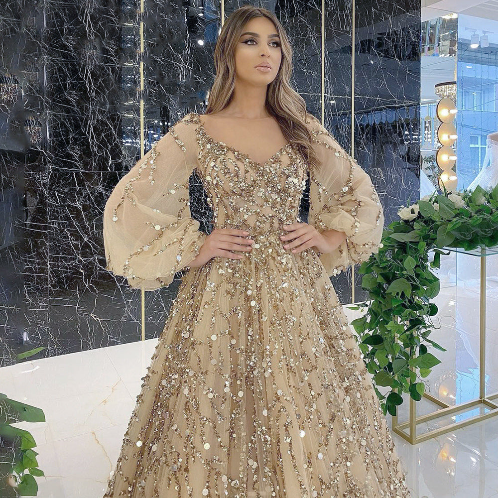 Gold Heavy Industry Beads Luxury Evening Dress Sexy Socialite Aura Queen Maxi Dress by Ragazza