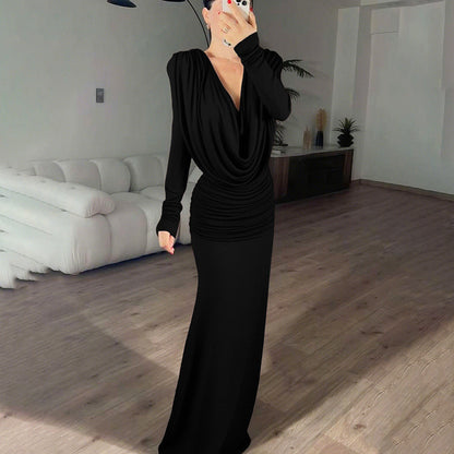 Fall Women Clothing Sexy Backless Swing Collar Slim Pleated Solid Color Long Sleeve Dress by Ragazza
