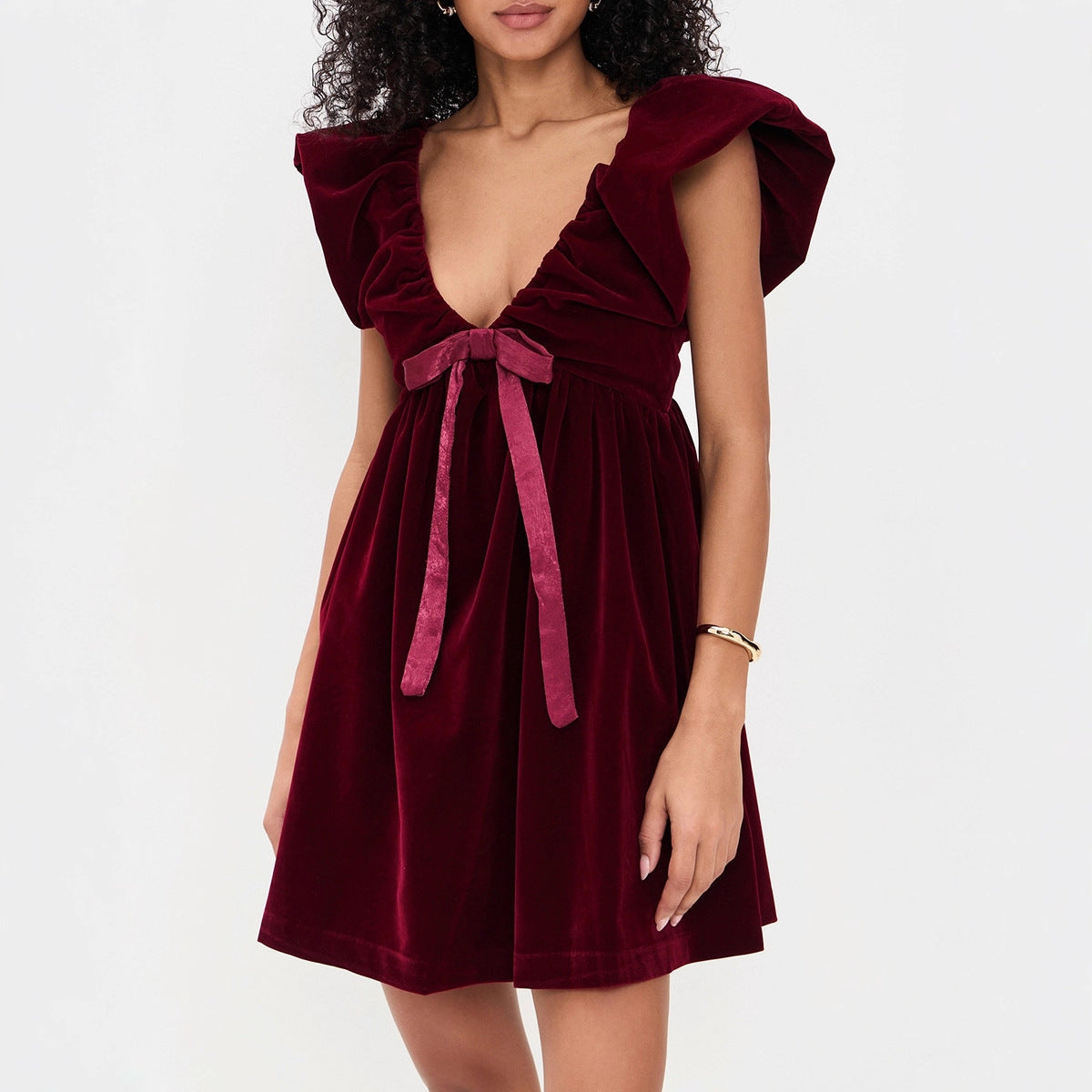 Autumn Winter V neck Bow Pleuche Party Women Dress by Ragazza