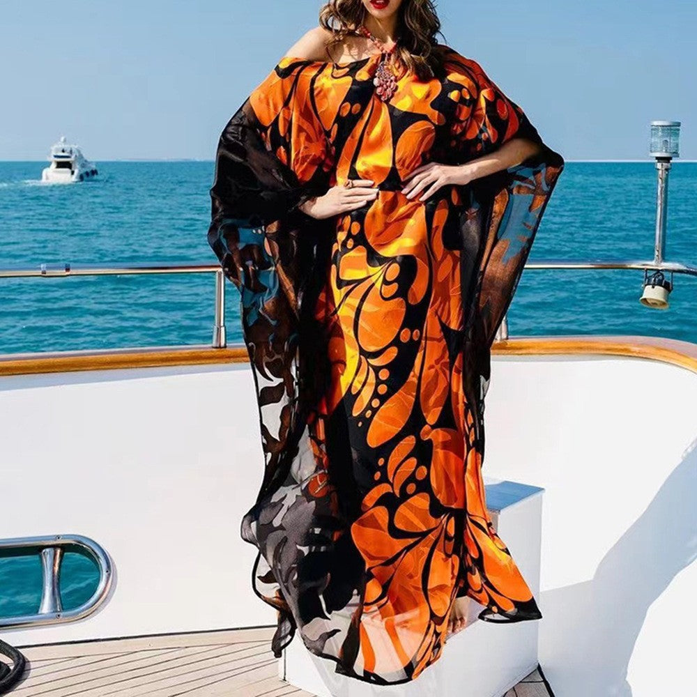 Spring Summer Women Clothing Dress Bohemian Dress Printed Loose off Shoulder Dress