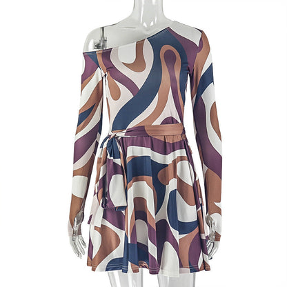 0Women Clothing Printed Elegant Light A line Dress Raglan Long Sleeve Tube Top off Neck Short Dress by Ragazza