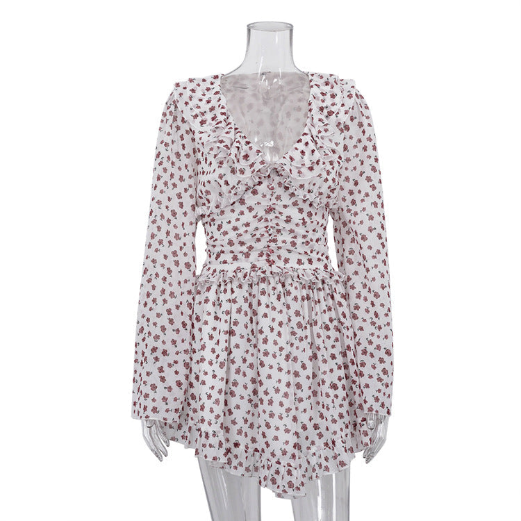 Women Digital Printing Elegant Dress V neck Long Sleeve Ruffled High Waist Lace up A line Dress by Ragazza