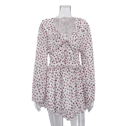 Women Digital Printing Elegant Dress V neck Long Sleeve Ruffled High Waist Lace up A line Dress by Ragazza