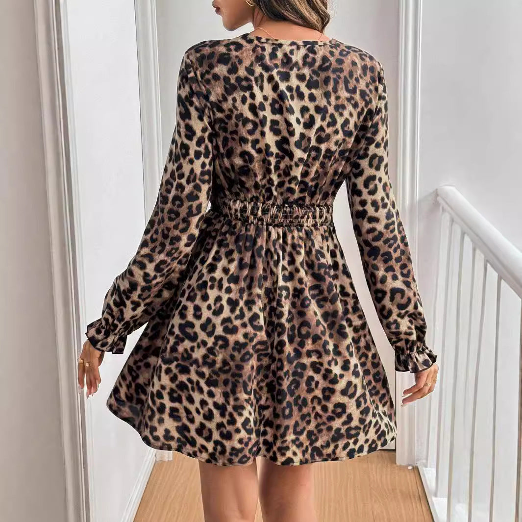 French Lady Vintage V neck Leopard Print Long Sleeve Lace Patchwork Long Sleeve Dress by Ragazza