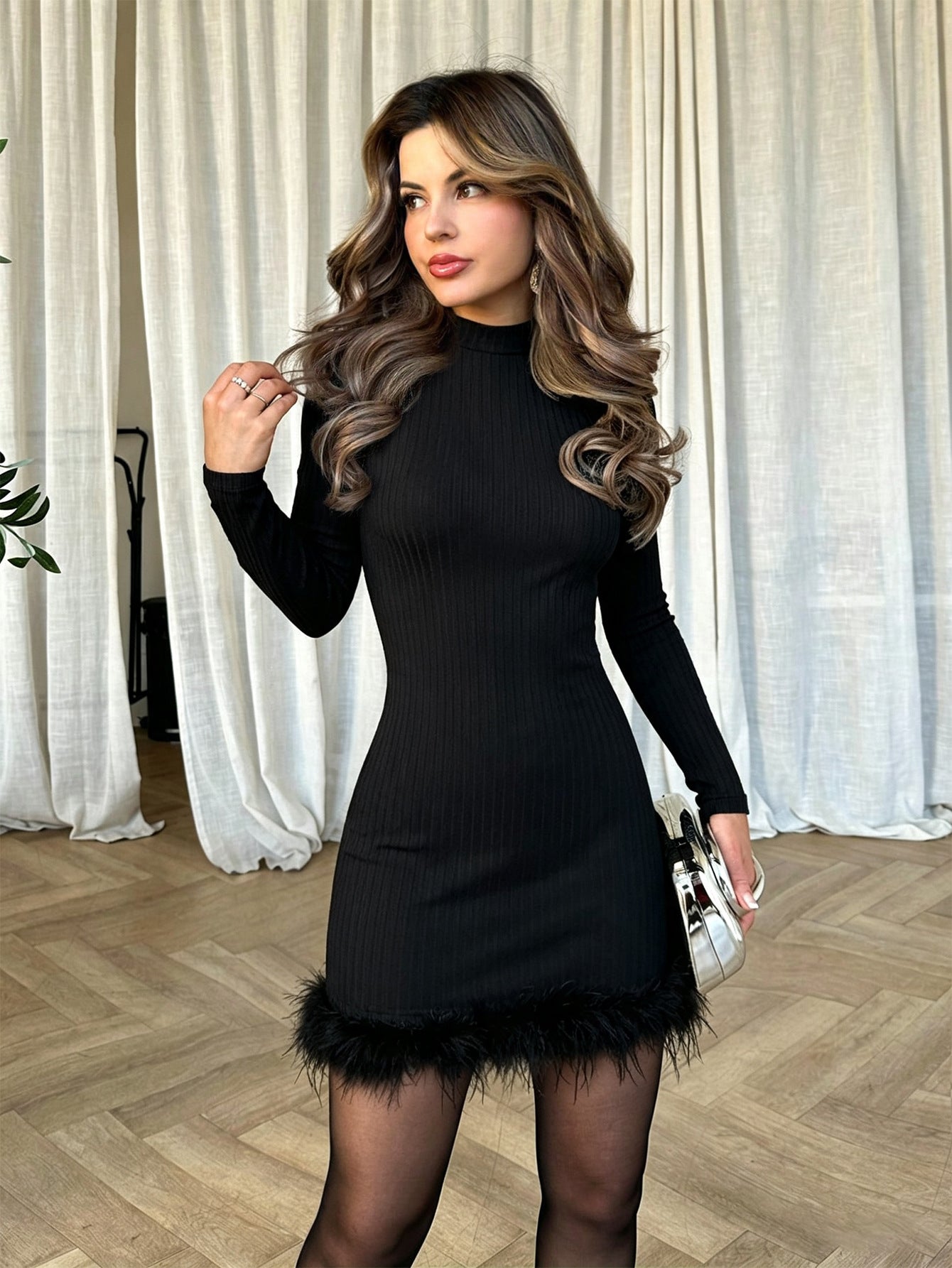 Half High Collar Long Sleeves Women Fall Winter Slim Slimming Feather Hip Dress  DestGlow