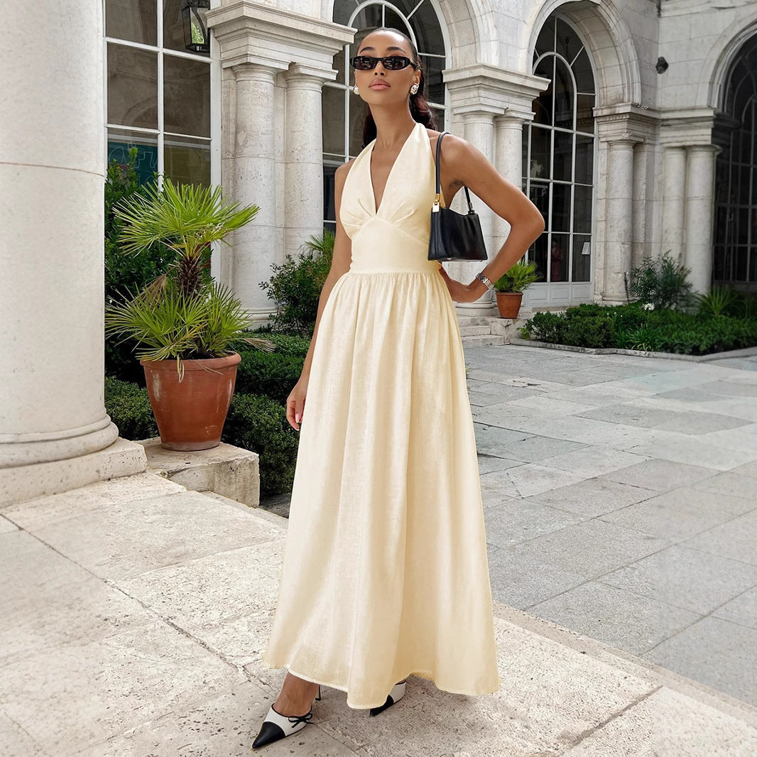 Pure Cottom Maxi Dress Spring Summer Tight Waist V neck Lace up Long Dress Large Swing Dress Women by Ragazza