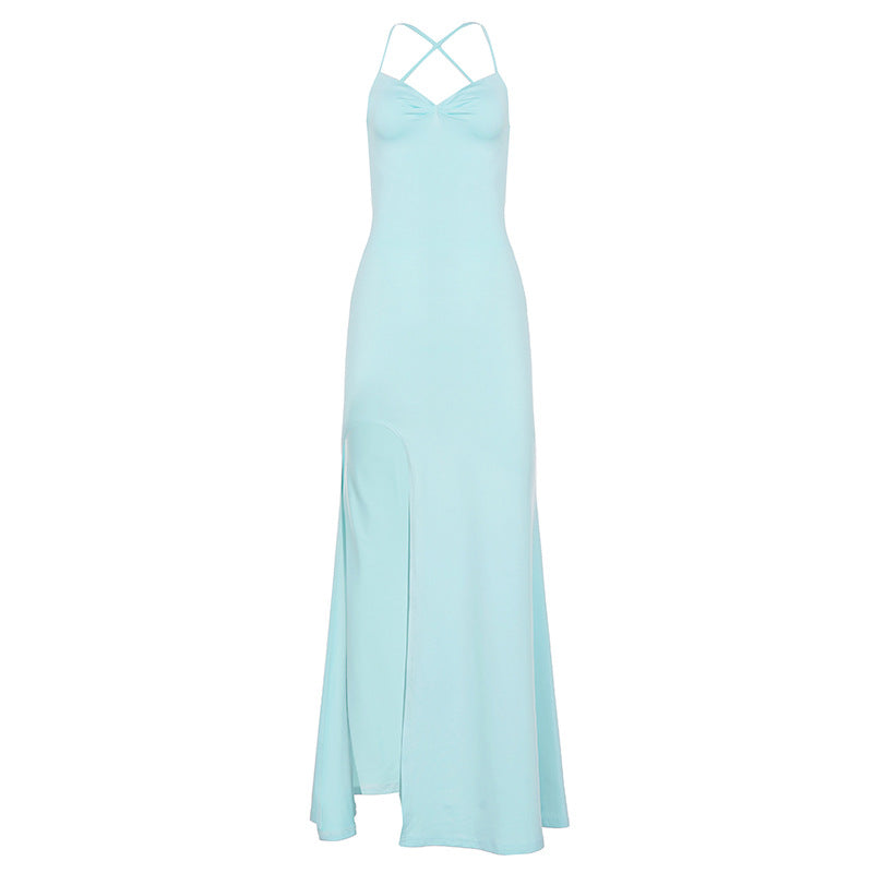 Vacation Bare Back Lace up Bow Dress Solid Color Fold Split Design Dress by Ragazza