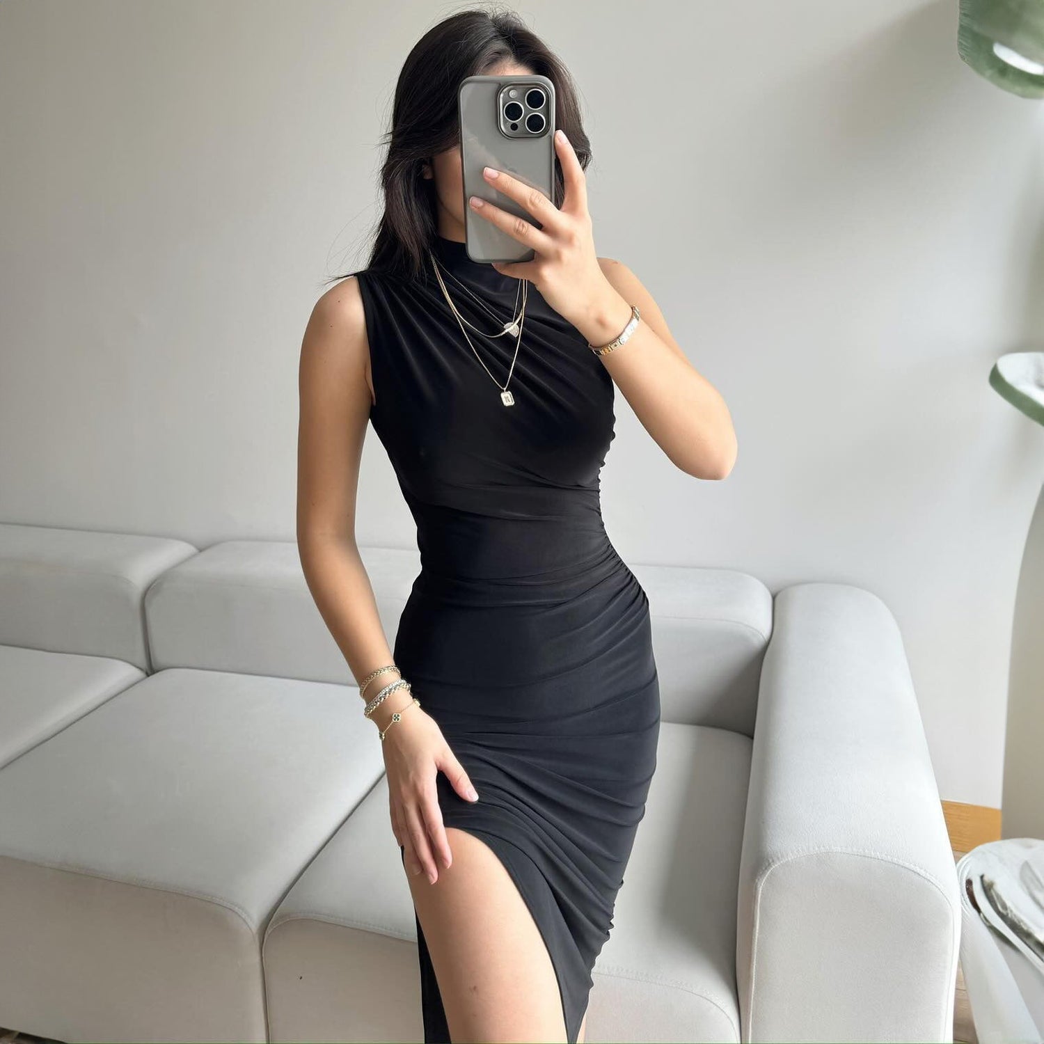 Summer Solid Color Split High Waist Slim Sexy Sleeveless Long Women Clothing Dress by Ragazza