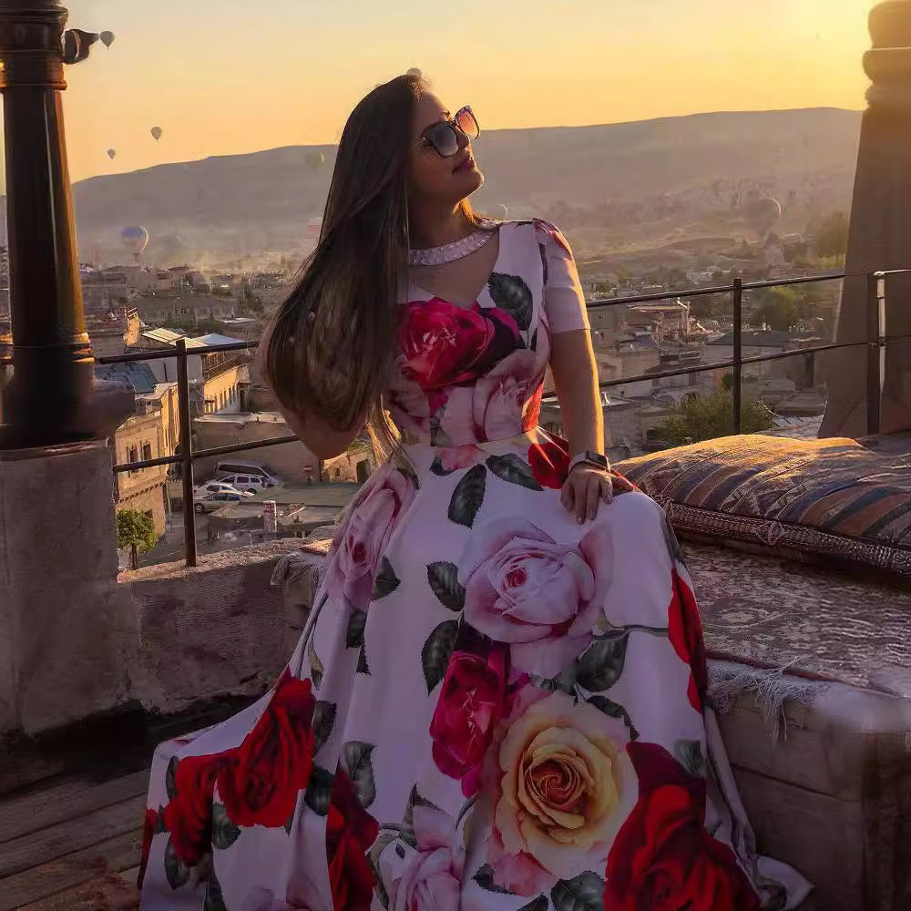 Spring Rose 3D Printing Large Swing Bead Stitching Short Sleeve Dress by Ragazza