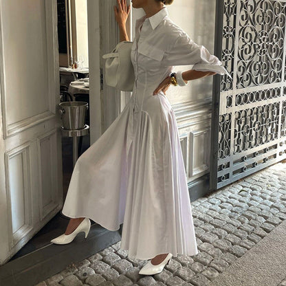 Design Pleated Single Breasted Shirt Dress Autumn Polo Collar Long Sleeve High Waist White Long Dress by Ragazza