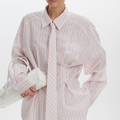Office Printed Striped Shirt Women Polo Collar Long Sleeve Tie Cinched Blouse by Ragazza