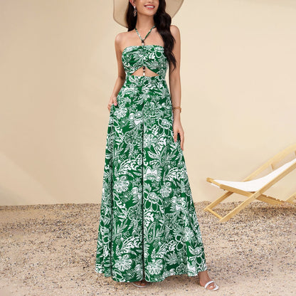 Summer Printed Halter Dress Sexy Sexy Backless Hollow Out Cutout out Cinched Vacation Maxi Dress  DestGlow