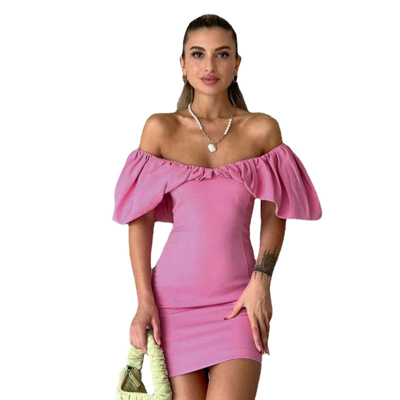 Spring Casual Vacation Tight Waist Slimming Sense Design Pleated Off Shoulder Hip Bag Dress by Ragazza