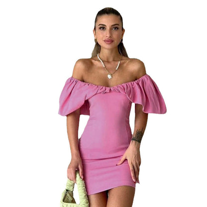 Spring Casual Vacation Tight Waist Slimming Sense Design Pleated Off Shoulder Hip Bag Dress by Ragazza