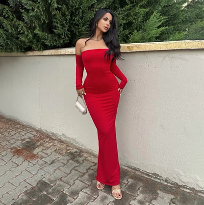 Women Clothing Sexy Sexy off Shoulder Tube Top Oversleeve Slim Sheath Split Elegant Dress by Ragazza