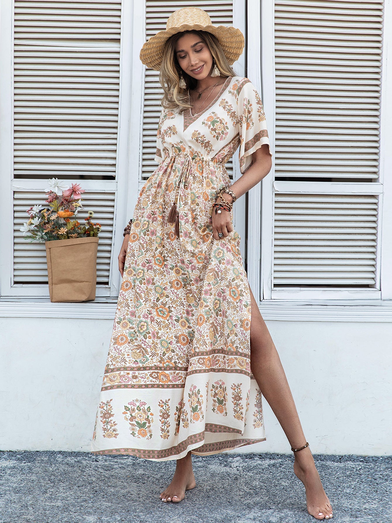 Women Bohemian Beige Printed Dress Long Tassel by Ragazza