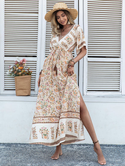 Women Bohemian Beige Printed Dress Long Tassel by Ragazza