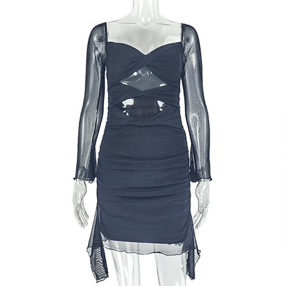 Personalized Design Women Hollow Out Cutout Pleated Hip U Neck Long Sleeved Solid Color Short Dress by Ragazza