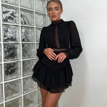 Hollowed out Design Chiffon Dress for Women Stand Collar Long Sleeve High Waist A line Dress by Ragazza