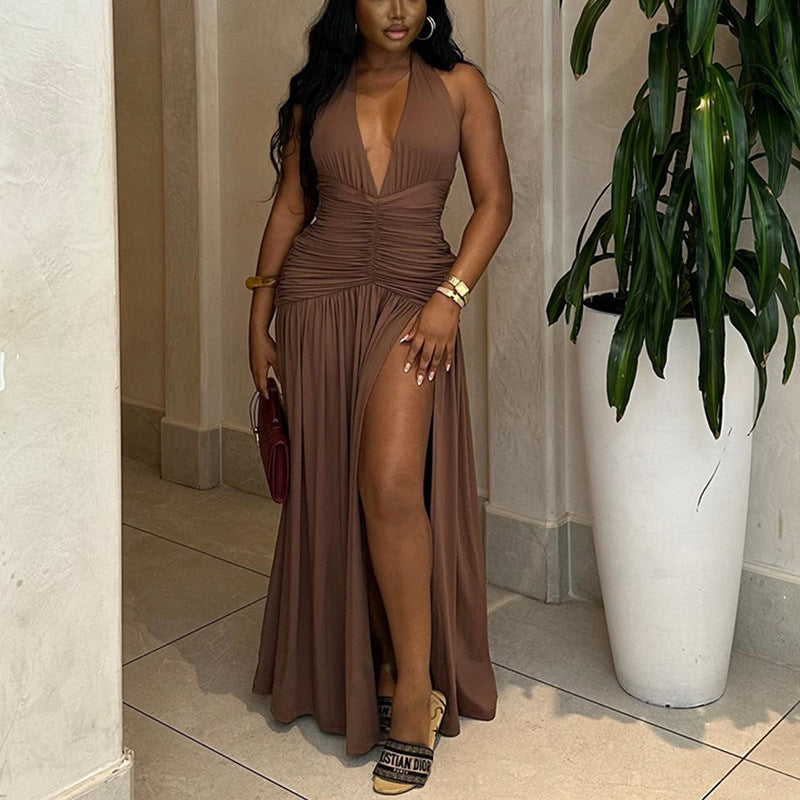 Women Clothing Solid Color Dress Sexy Sleeveless Deep V Plunge Neck Split Casual Waist Controlled Dress by Ragazza