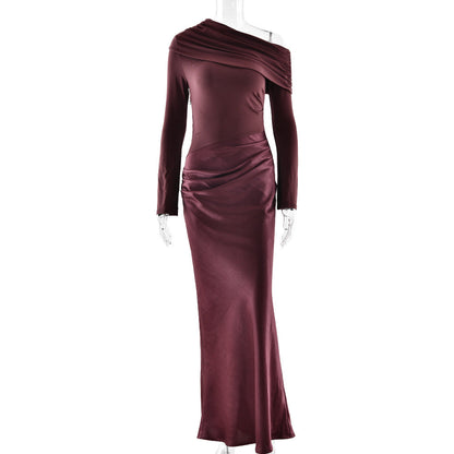 Women Clothing Mori Adult Lady like Woman Elegant Formal Dress Diagonal Collar Long Sleeve Slim Fit Sexy Fishtail Dress by Ragazza