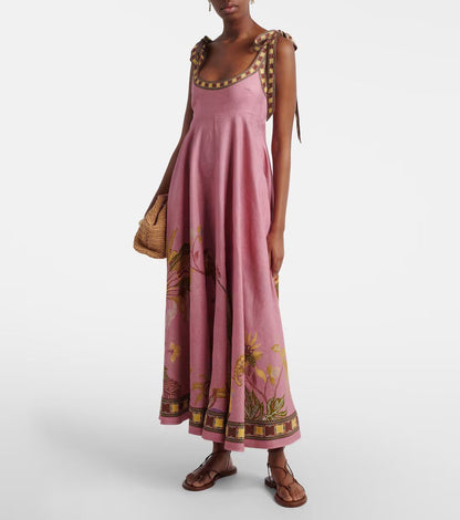 Positioning Floral Print Linen Sling Pocket Maxi Dress Bohemian Holiday Swing Dress by Ragazza