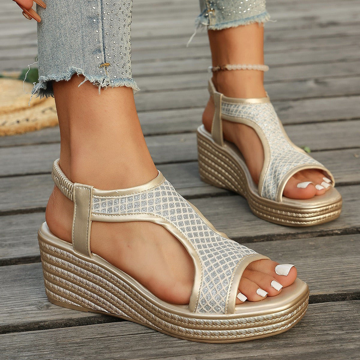 Online Open Toe Wedge Sandals Women Summer Casual Thick Soled Elastic Strap Beach Flip Flops on  DestGlow