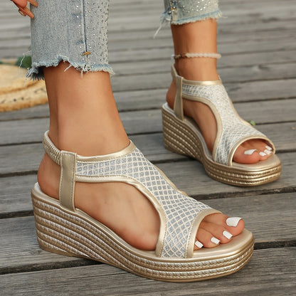 Online Open Toe Wedge Sandals Women Summer Casual Thick Soled Elastic Strap Beach Flip Flops on  DestGlow