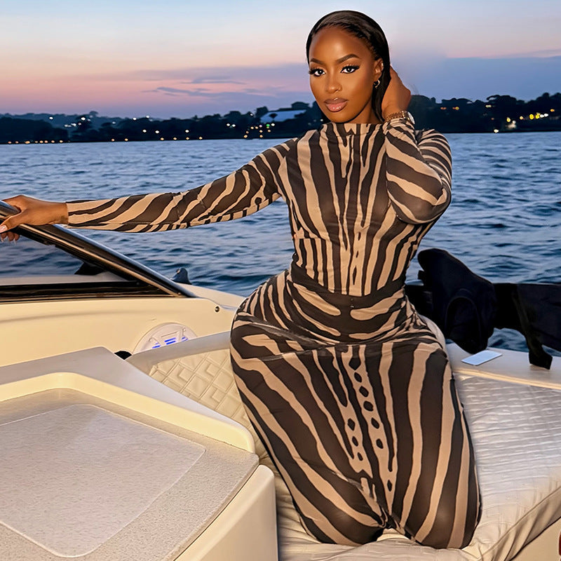 Women Printed Wear round Neck Long Sleeve Black Pattern Slim Fit Sheath Dress Casual Seaside Vacation Maxi Dress  DestGlow
