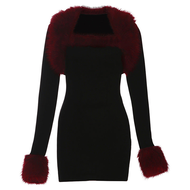 Autumn Winter Women Clothing Sexy Dignified Sense of Design Plush Stitching Long Sleeve Narrow Dress Set for Women by Ragazza