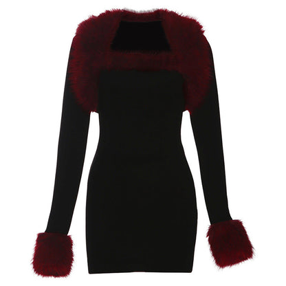 Autumn Winter Women Clothing Sexy Dignified Sense of Design Plush Stitching Long Sleeve Narrow Dress Set for Women by Ragazza