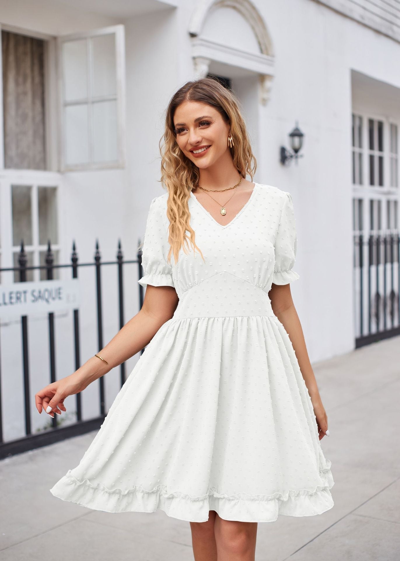 Summer Women Clothing Jacquard V neck Tight Waist Beach Elegant Dress by Ragazza