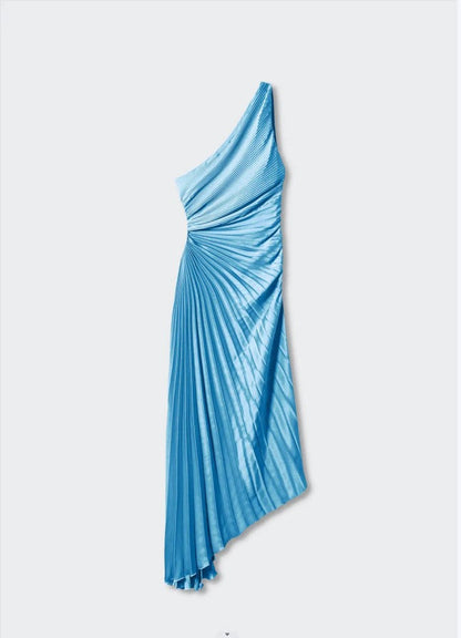Women Clothing One Shoulder Diagonal Collar Pleated Hollow Out Cutout Dress by Ragazza