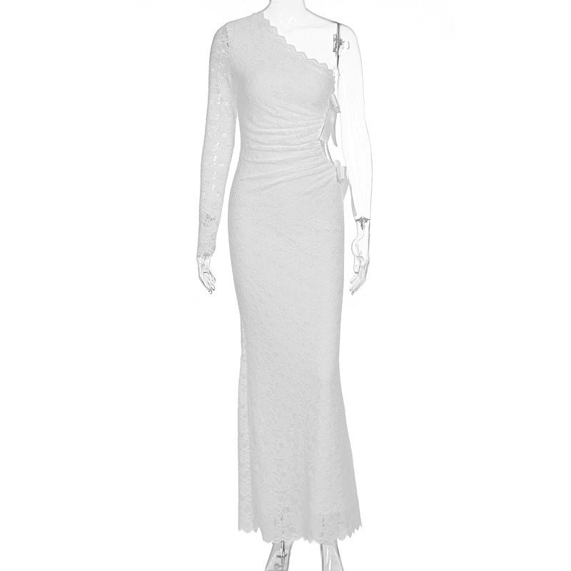 Autumn Winter Sexy Lace Bow Hollow Out Cutout out Long Sleeve One Shoulder Diagonal Collar Dress Women by Ragazza