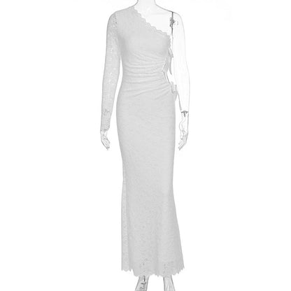 Autumn Winter Sexy Lace Bow Hollow Out Cutout out Long Sleeve One Shoulder Diagonal Collar Dress Women by Ragazza