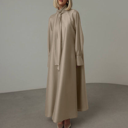 Women Clothing Stand up Collar Tie Dress Long Sleeve Side Slit Loose Casual Dress by Ragazza