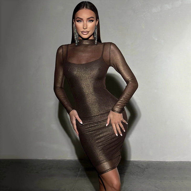 Women Sexy Mesh Long Sleeve Slim Bronzing Thin Glittering Dress Sheath Blouse by Ragazza