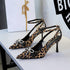 Leopard Print Hollow Out Cutout Out Pointed Toe Satin Stiletto Women Shoes With A Single Strap Buckle Bow Rhinestone Ribbon  DestGlow