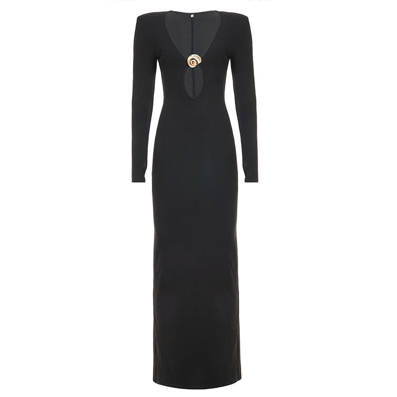 French Sexy Hepburn Niche V neck Metal Buckle Decorative Sexy Slimming Sheath Dress Maxi Dress by Ragazza