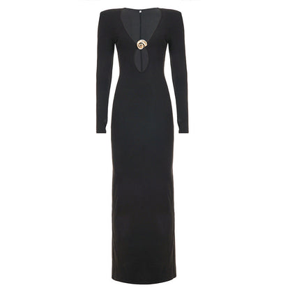 French Sexy Hepburn Niche V neck Metal Buckle Decorative Sexy Slimming Sheath Dress Maxi Dress by Ragazza