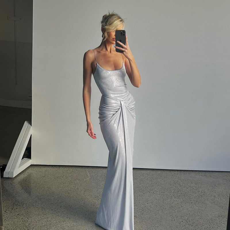 Sexy Adult Lady like Woman Women Clothing Crumpled Twisted Tight Waist Tall Slim Long Sling Dress by Ragazza