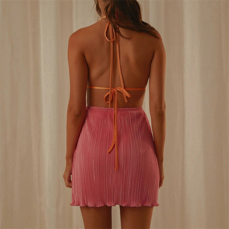Summer Sexy V Neck Backless Pleated Dress Women Halter Lace Up Cutout Short Dress by Ragazza