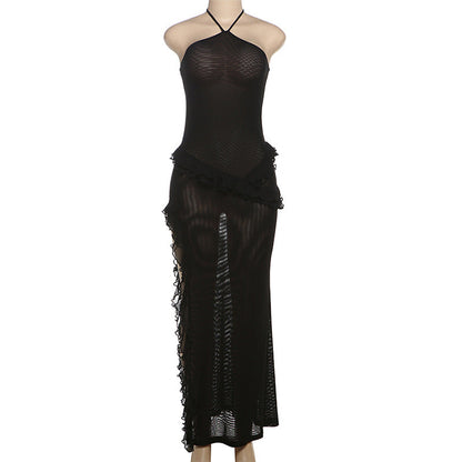 Summer Women Sexy Halter Strap Side Slit Stringy Selvedge Dress by Ragazza