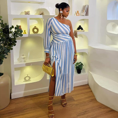 Women Printed Wear Split Striped Waist Asymmetric Dress One Shoulder Diagonal Collar Long Sleeve Casual Dress by Ragazza